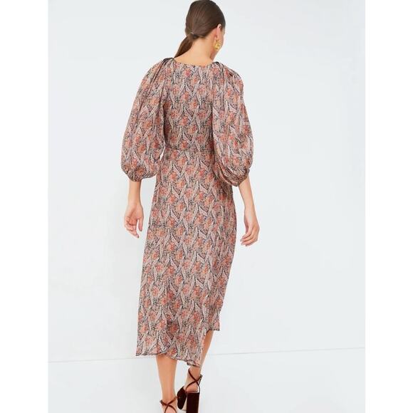 The Great. Ornate Paisley Fountain Midi V Neck Fall Balloon Sleeve Dress Sz 0 XS - Picture 2 of 10